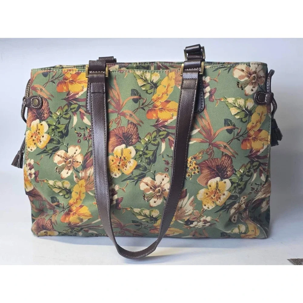 Caribbean Joe ShoulderBag‎ Handbag Floral Print Green Brown Purse Pouch Bag